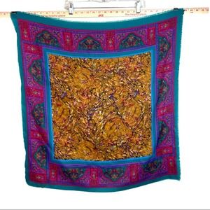 VINTAGE 80s Foulard Green & Purple 29x29 Square Scarf A20